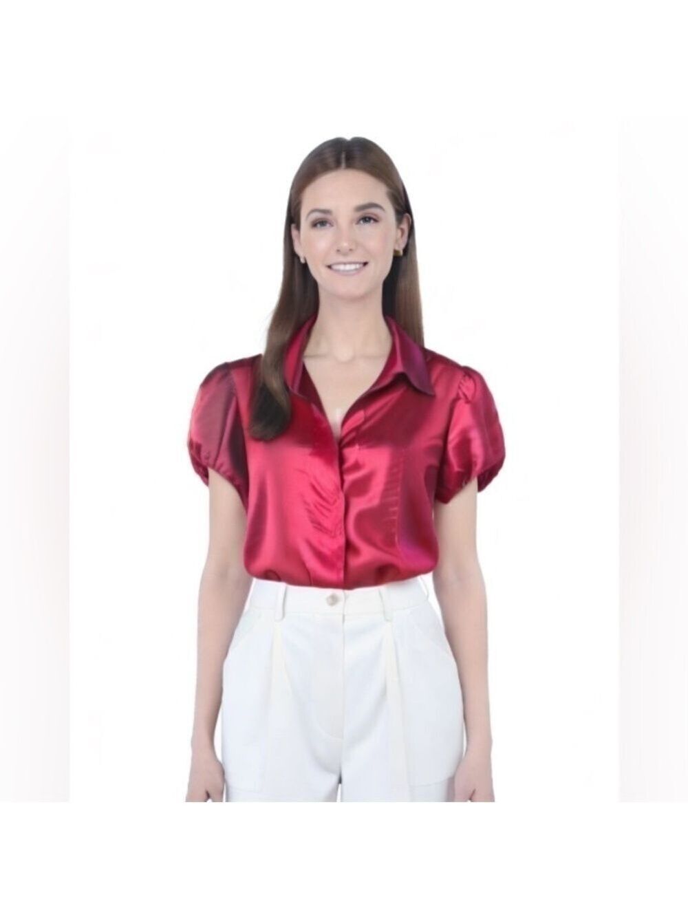 Maurices Red Button Down Short Sleeve Satin Blouse